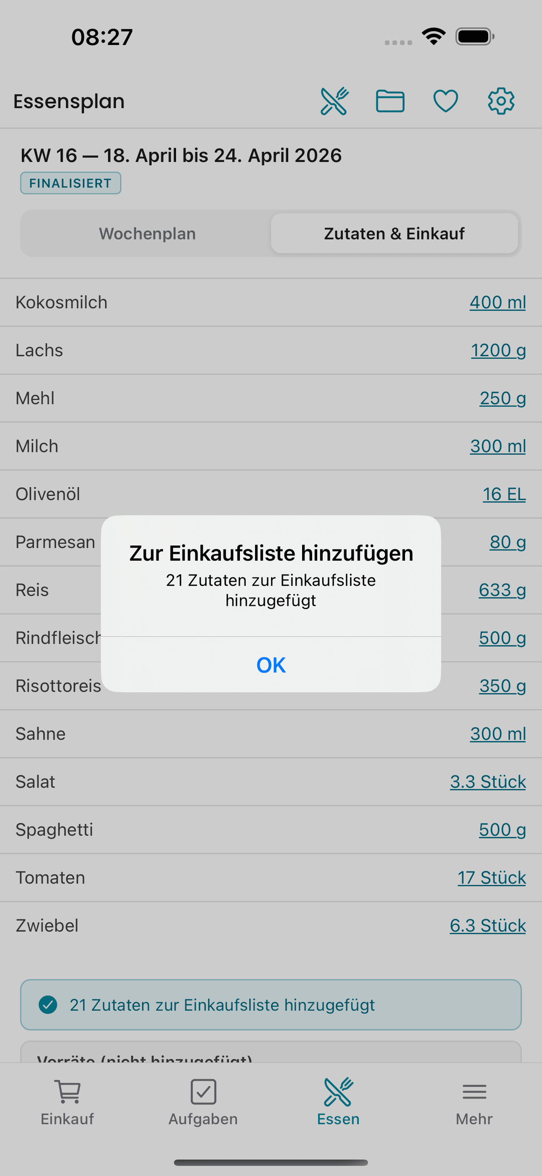 Kinvivo — 21 Zutaten zur Einkaufsliste hinzugefügt