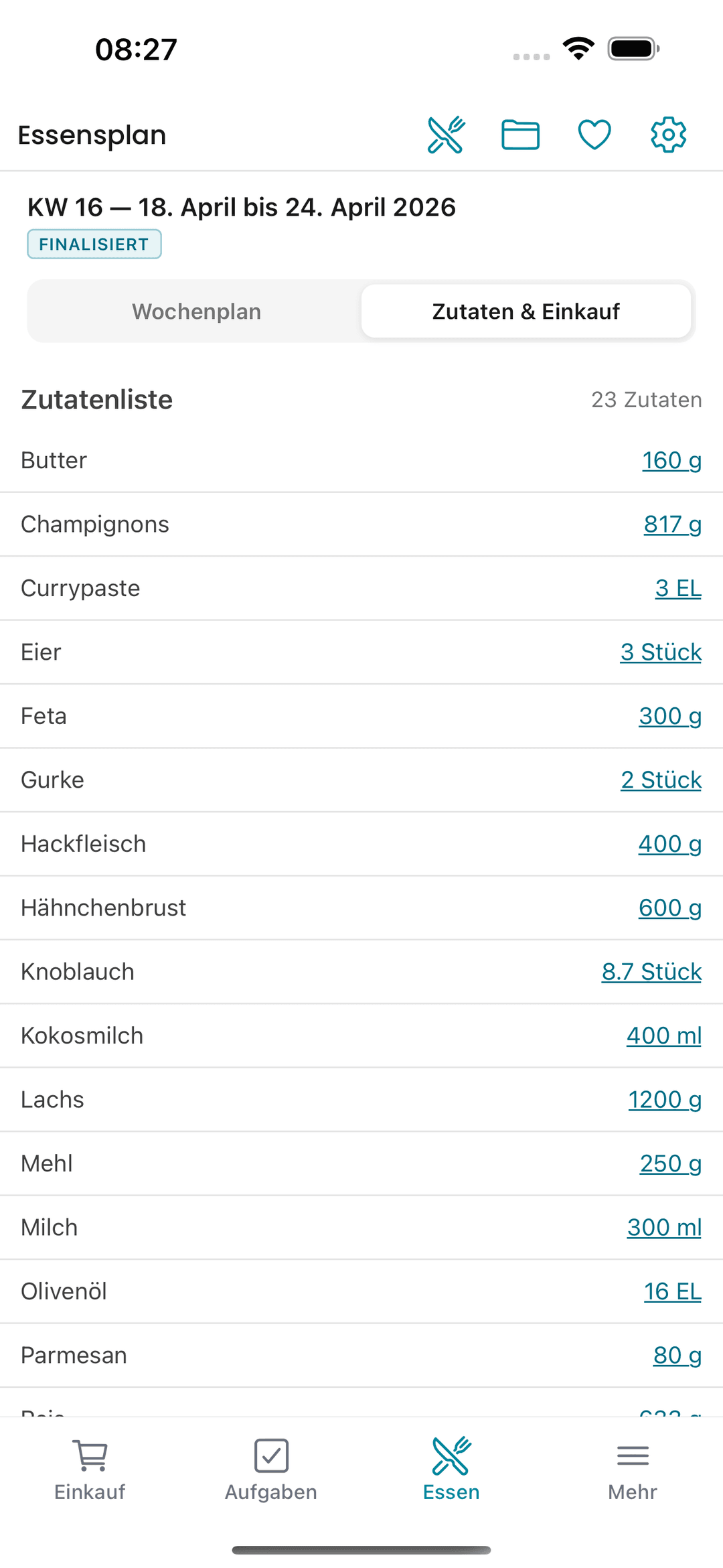 Kinvivo Zutatenliste — alle Zutaten aus dem Wochenplan zusammengefasst