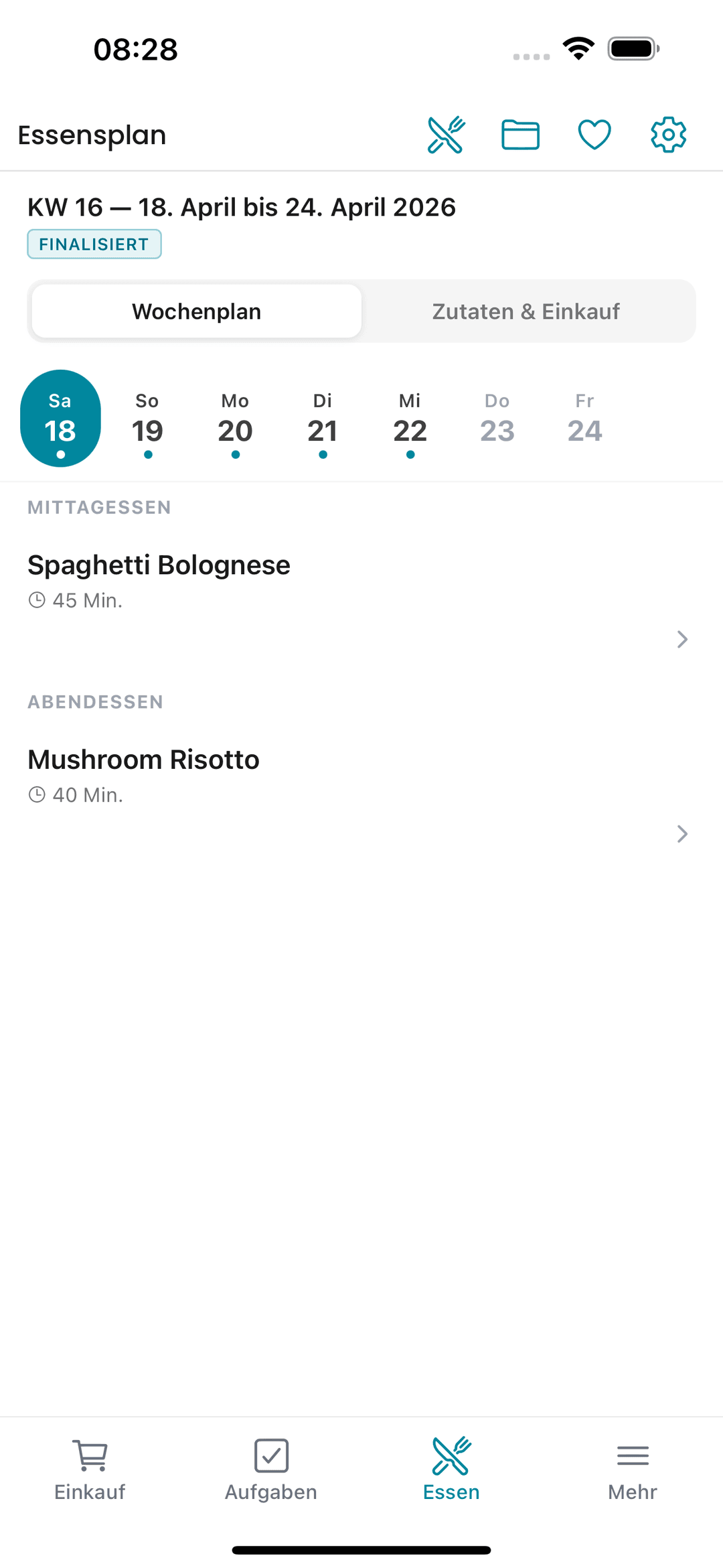 Kinvivo Essensplan Wochenansicht mit Mittagessen und Abendessen