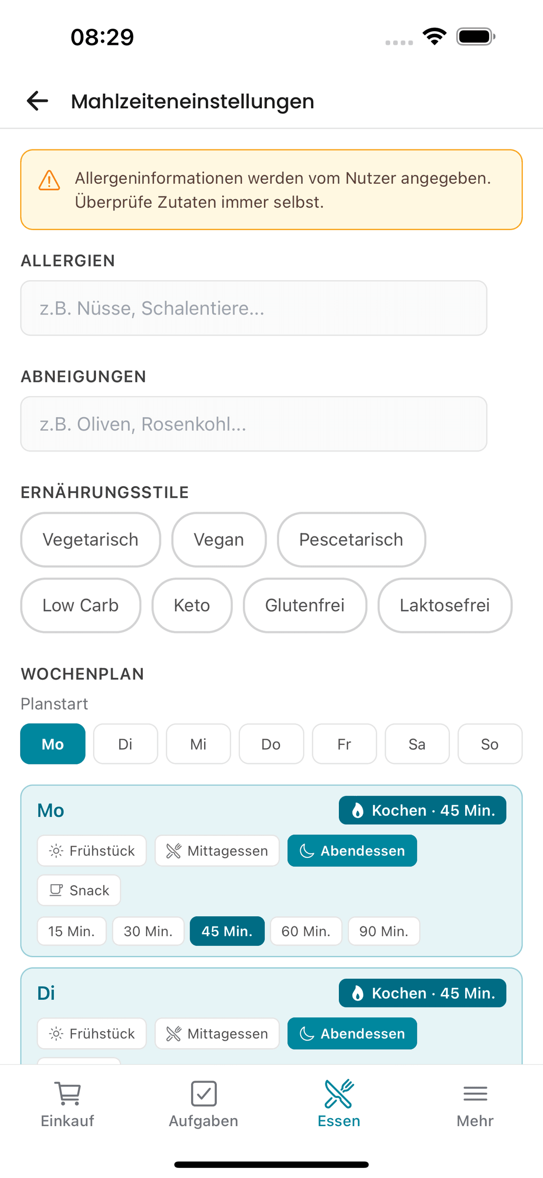 Kinvivo Essensvorlieben — Allergien, Ernährungsstile und Kochzeiten einstellen
