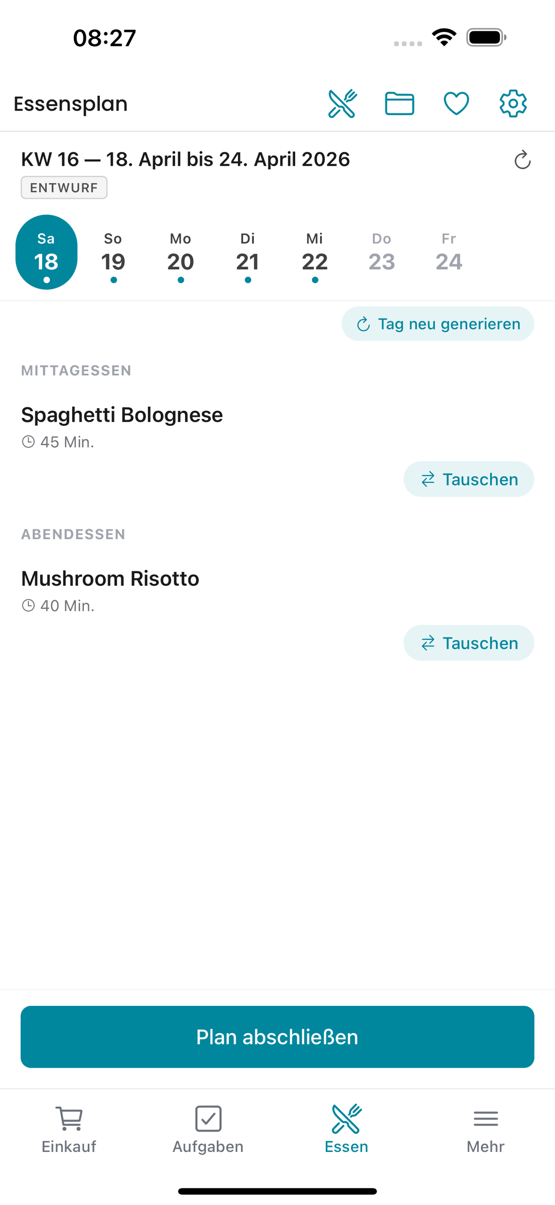 Kinvivo KI-generierter Wochenplan mit Rezepten